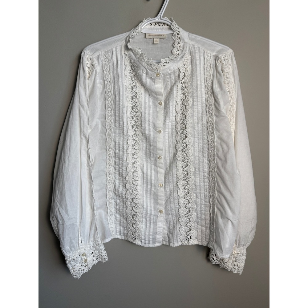 Jennifer & Grace Womens Ivory Victorian Lace Pintuck Button Up Blouse XL Boho